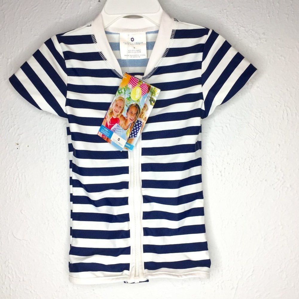 SNAPPER ROCK, NWT, girl's size 3 UV 50+ navy and white striped rash guard.